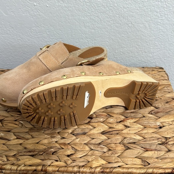 Tan Suede Clogs with Gold Buckle - Picture 4 of 7